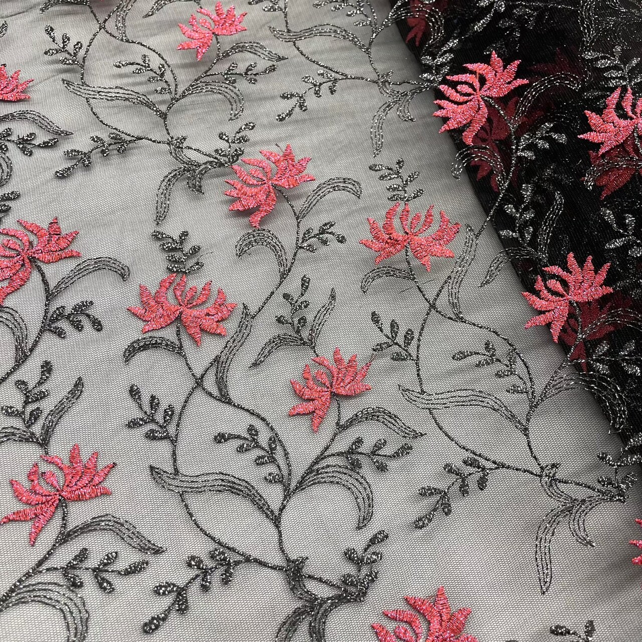 1 Yard Brown Orange Embroidered Lace Fabric on Polyester Net Mesh 54 Inch Width